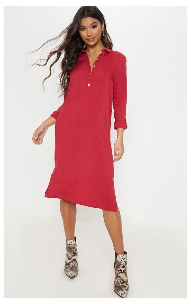Red Gold Button Front Oversized Midi Shirt Dress, Red