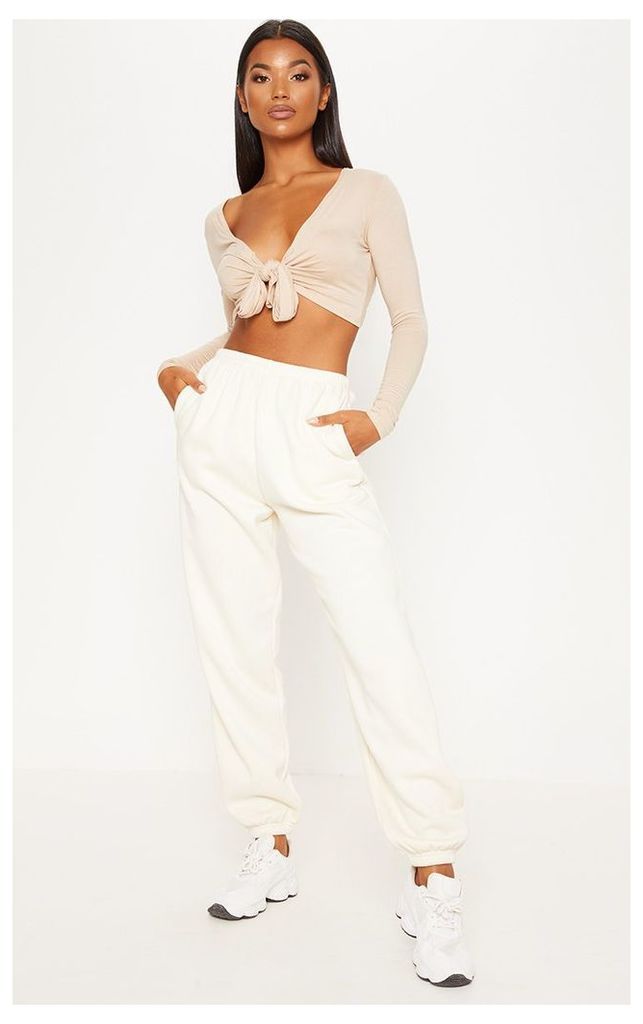 Stone Long Sleeve Tie Front Crop Top, White