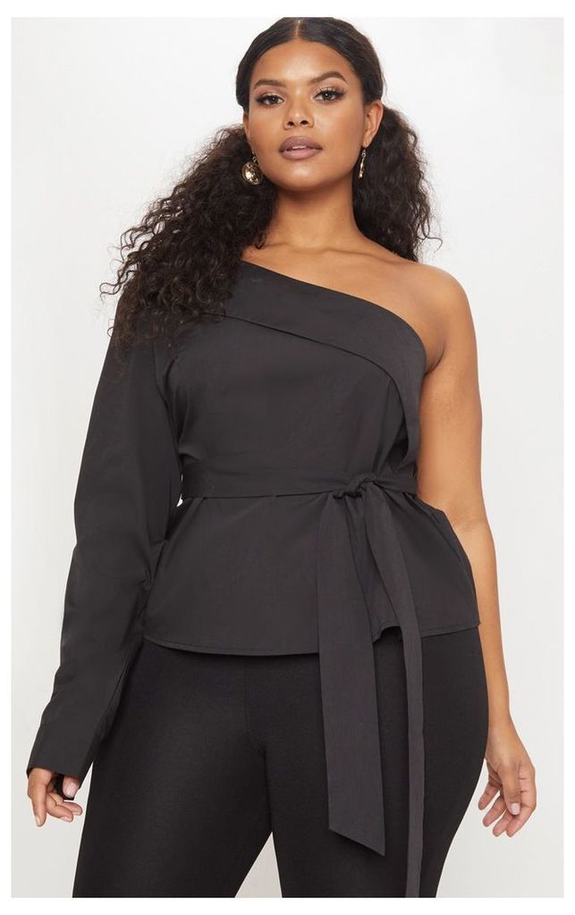 Plus Black One Shoulder Shirt, Black