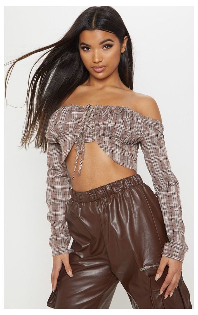 Brown Check Lace Up Cup Detail Bardot Crop Top, Brown