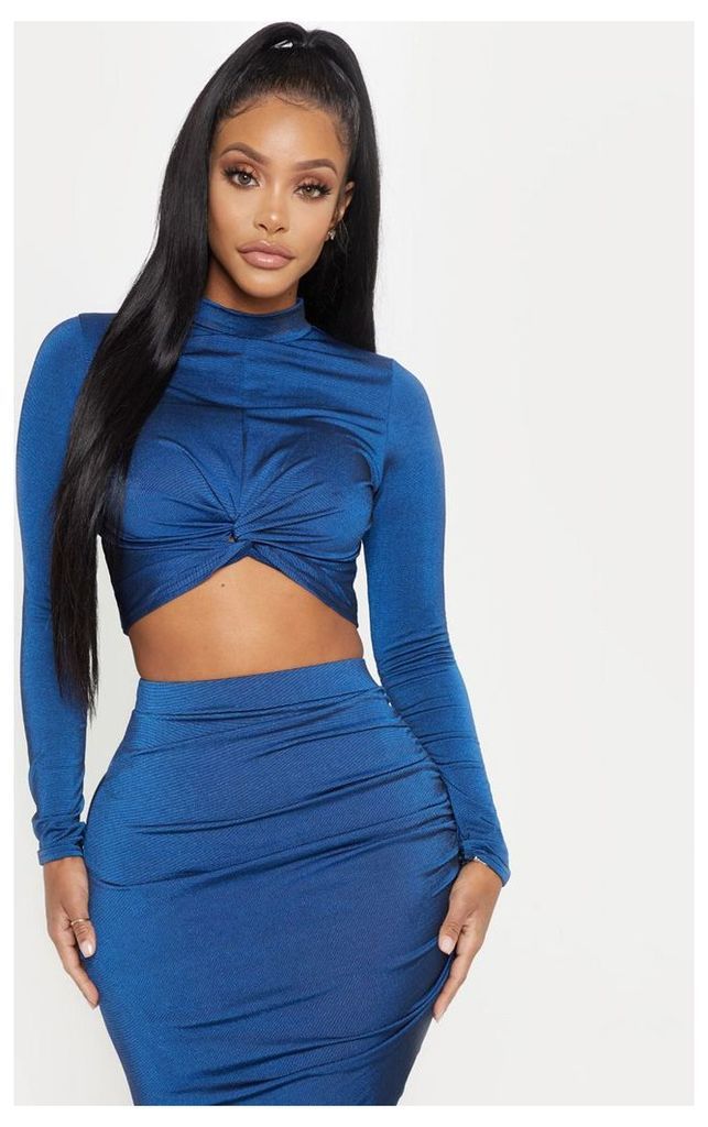 Shape Navy Ruched Long Sleeve Crop Top, Blue