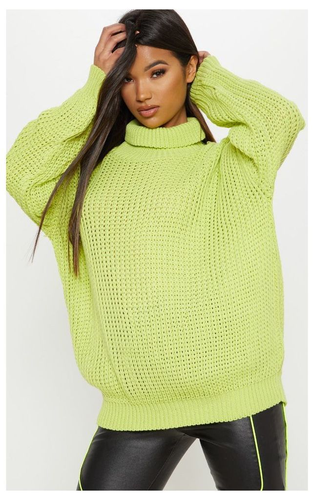 Lime Oversized High Neck Knitted Jumper, Green