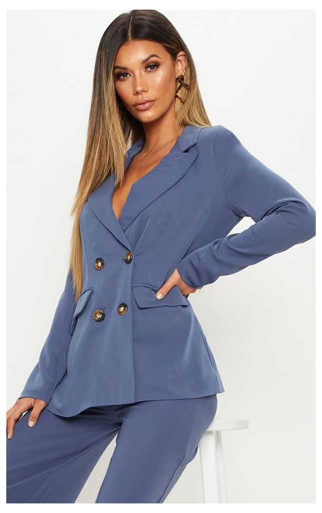 Blue Oversized Button Detail Woven Blazer, Blue