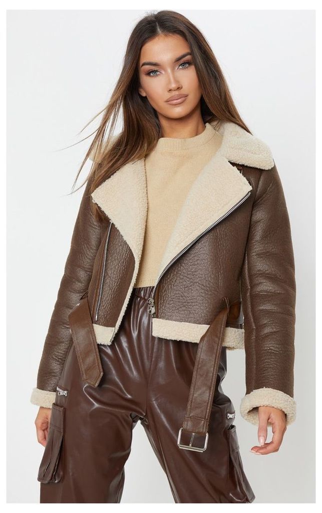 Brown Contrast Faux Fur Cropped Aviator, Brown
