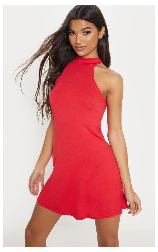 Basic Red Jersey High Neck Swing Dress, Red