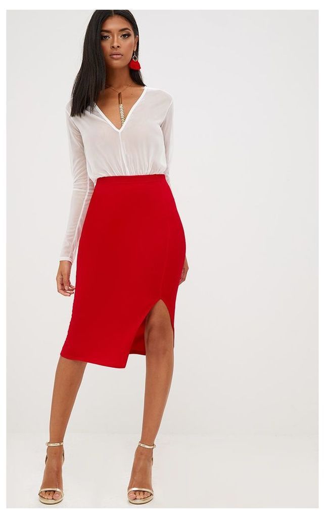 Red Basic Split Midi Skirt, Red