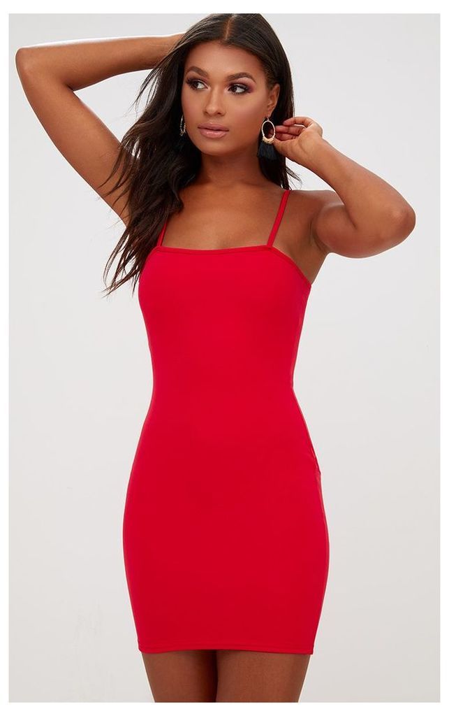 Red Straight Neck Bodycon Dress, Red