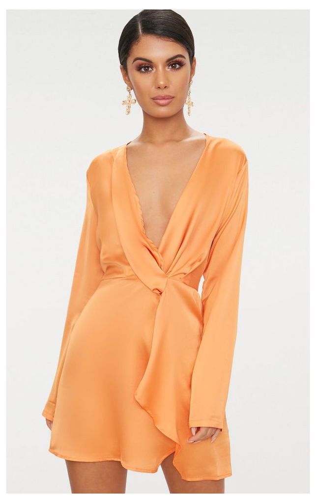 Tangerine Satin Long Sleeve Wrap Dress, Tangerine