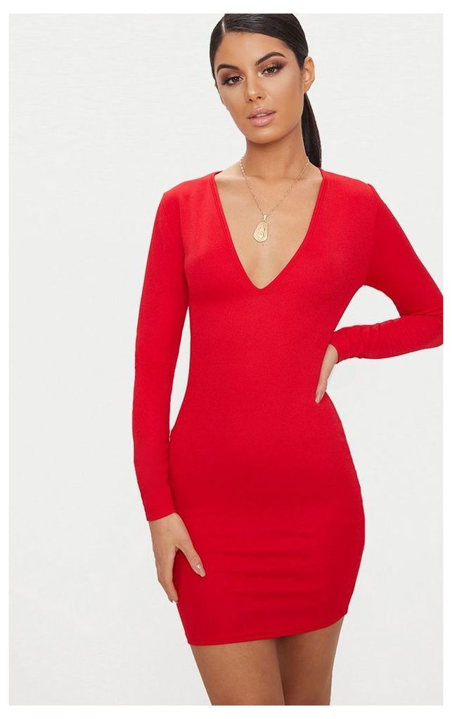 Basic Red Long Sleeve Plunge Bodycon Dress, Red
