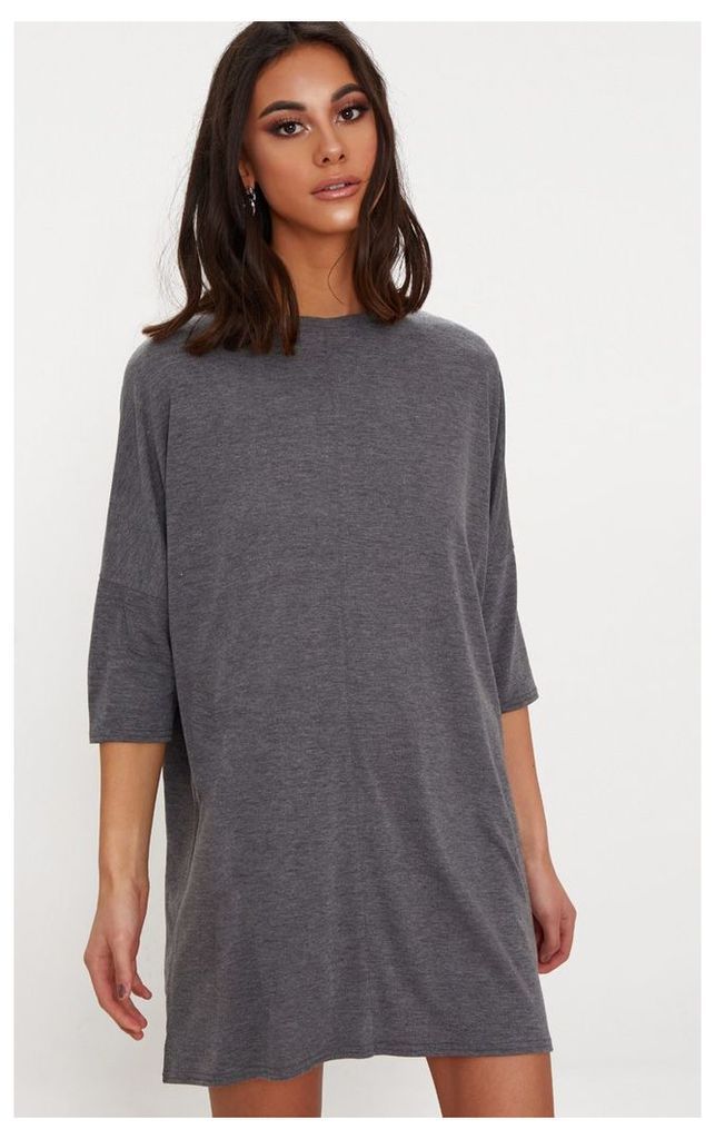Basic Charcoal Oversized Batwing T Shirt Dress, Grey