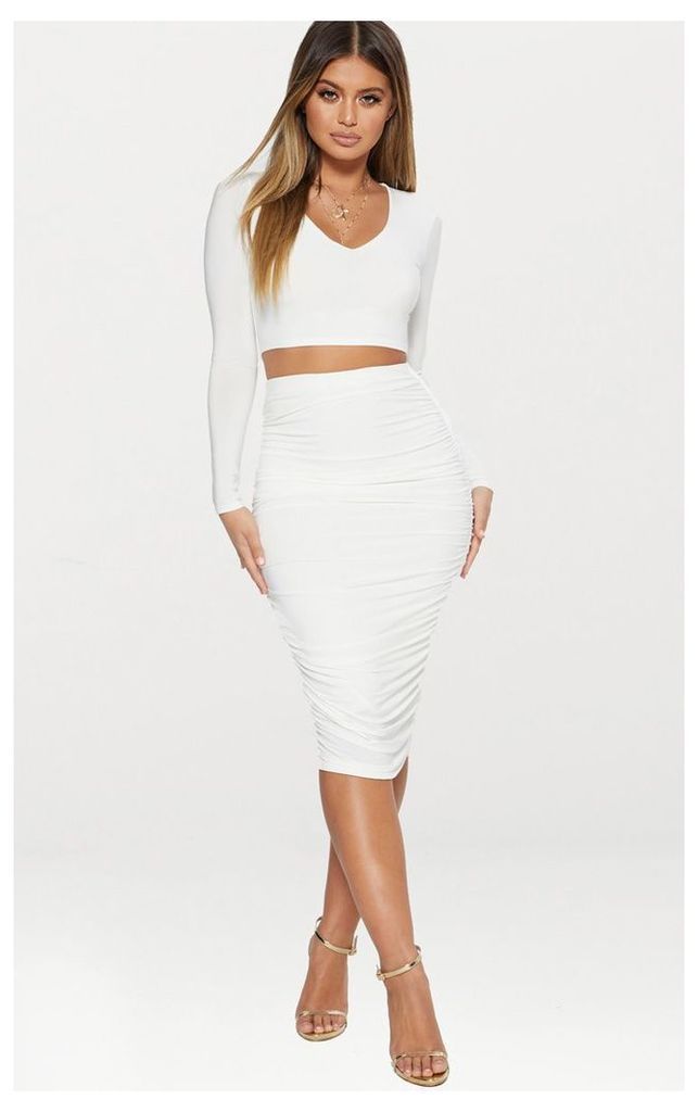 White Slinky Second Skin Ruched Midi Skirt, White