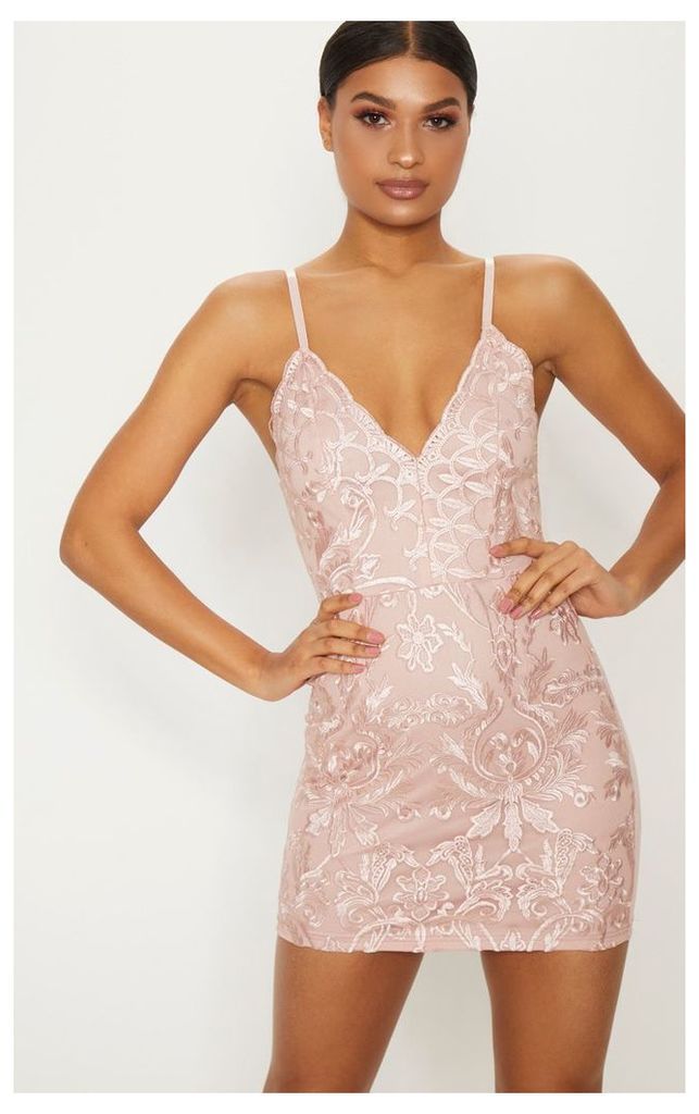 Dusty Pink Embroidered Lace Detail Plunge Bodycon Dress, Dusty Pink