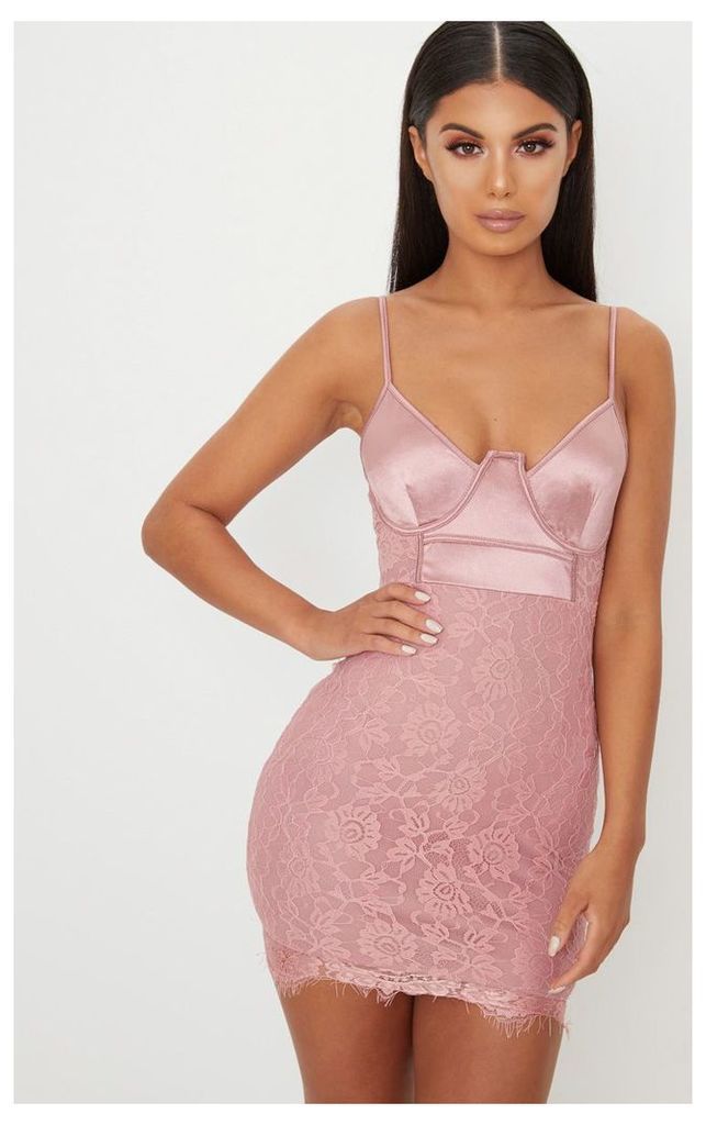 Dusty Pink Satin Top Bustier Lace Bodycon Dress, Dusty Pink