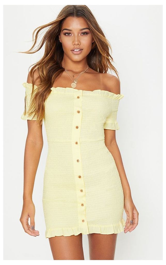 Lemon Shirring Button Detail Bardot Bodycon Dress, Lemon