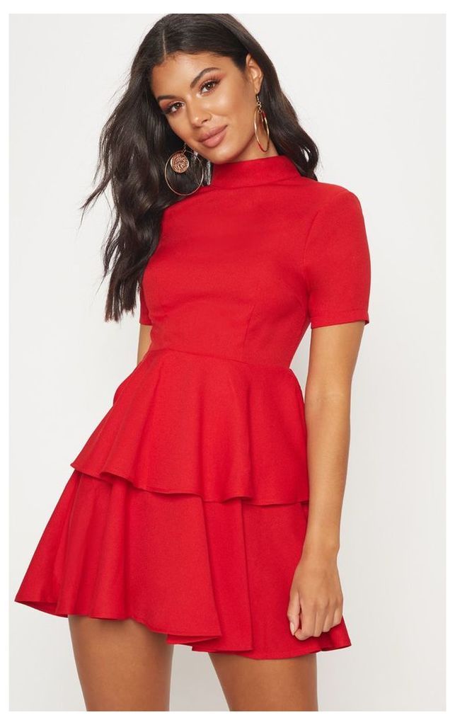 Red Cap Sleeve Tiered Skater Dress, Red
