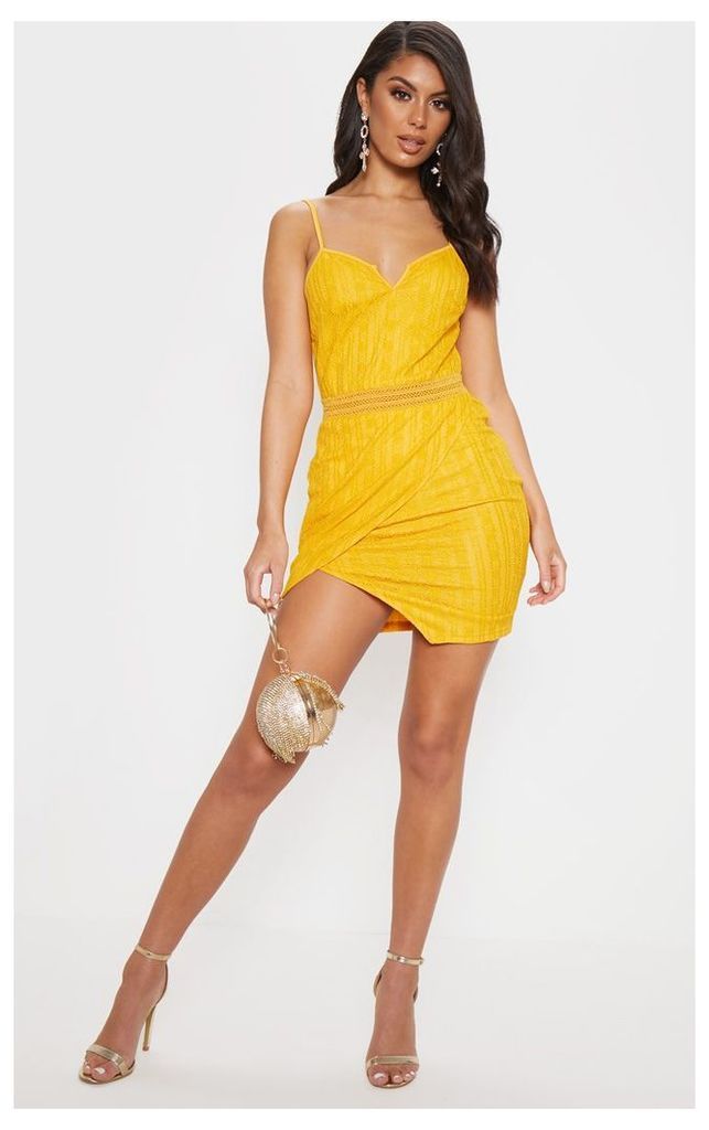 Yellow Lace Wrap V Cut Bodycon Dress, Yellow