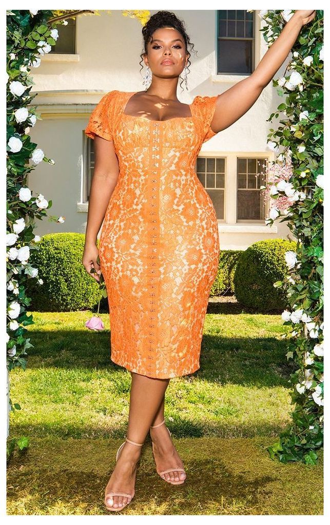 Orange Lace Puff Sleeve Midi Dress, Orange