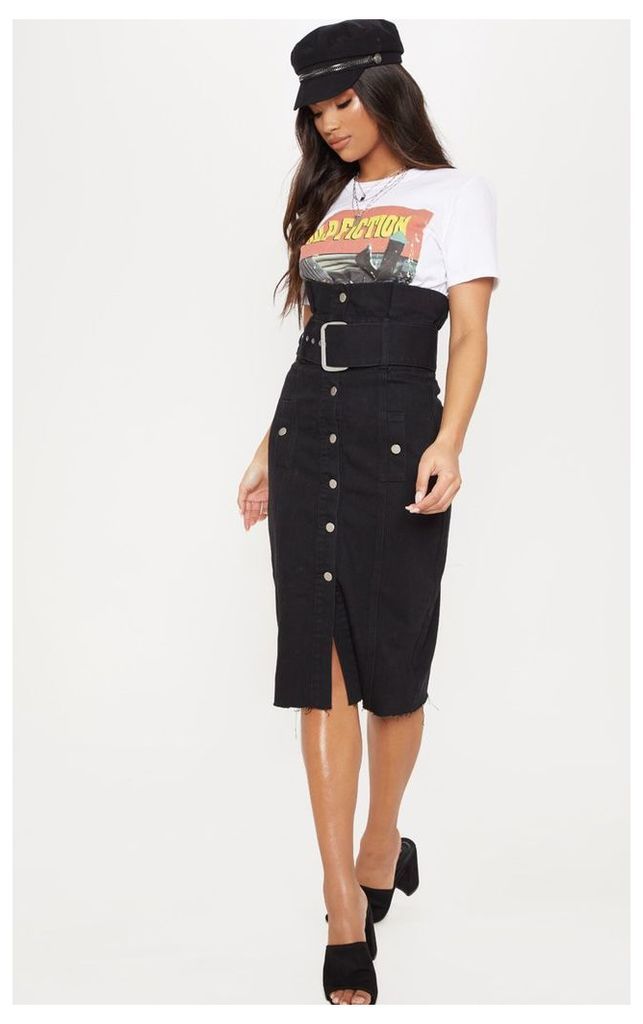 Black Belted Button Through Midi Skirt, Black