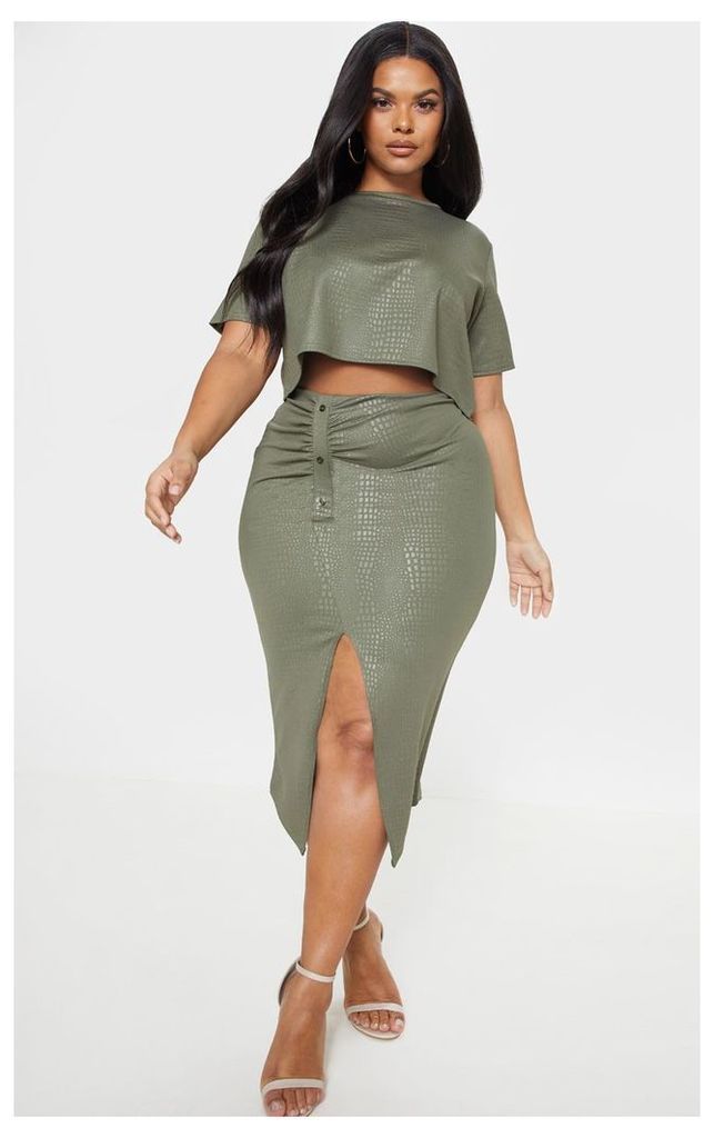 Plus Khaki Textured Split Detail Midi Skirt, Green