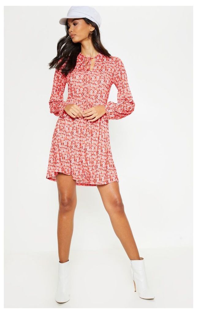 Red Floral Printed Tie Neck Jersey Tea Dress, Red