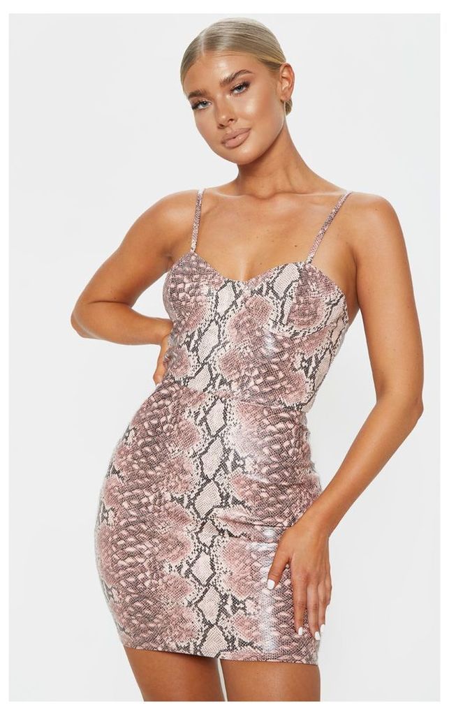 Pink Snake Print PU Cup Detail Strappy Bodycon Dress, Pink