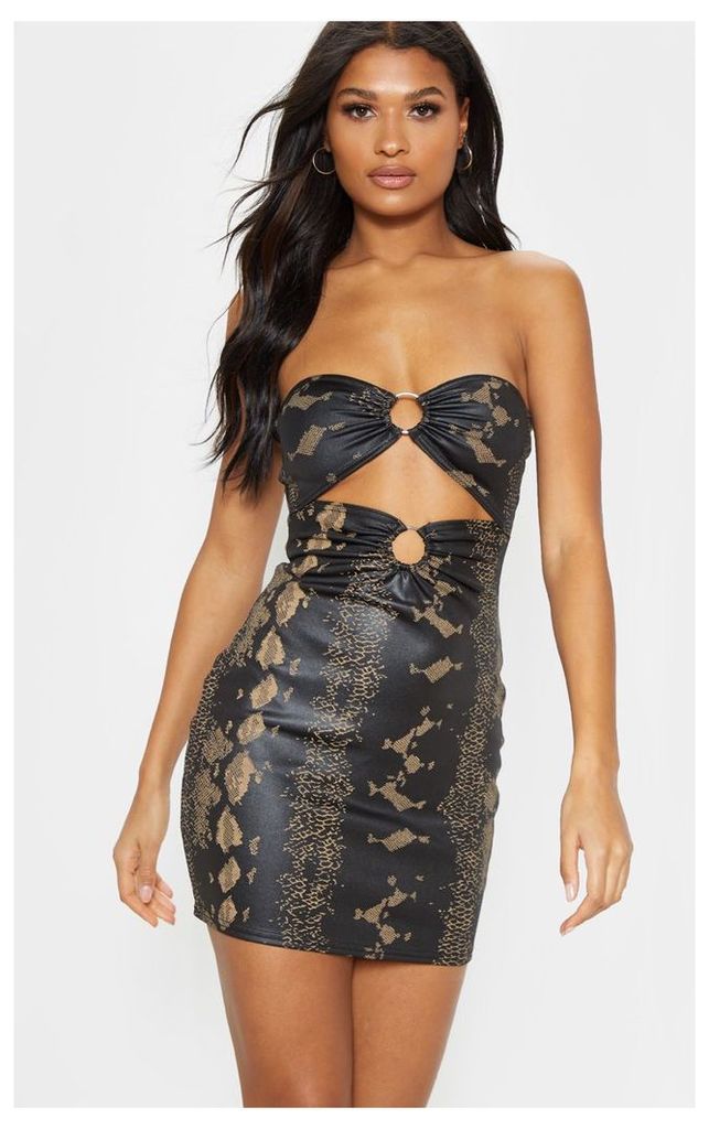 Black Leather Look Snake Print Ring Detail Cut Out Bodycon, Black