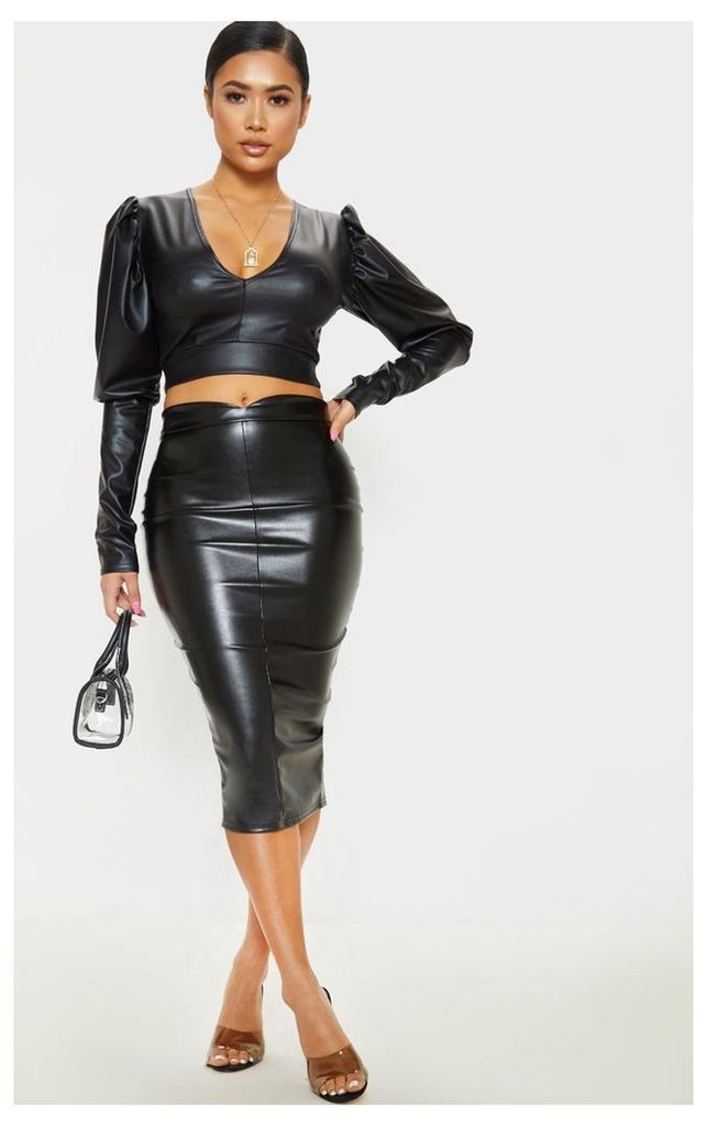 Petite Black Faux Leather Panel Midi Skirt, Black