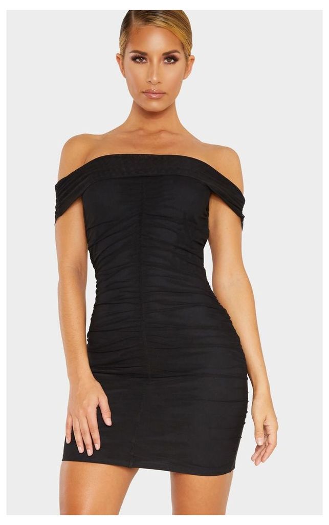 Black Mesh Bardot Ruched Bodycon Dress, Black