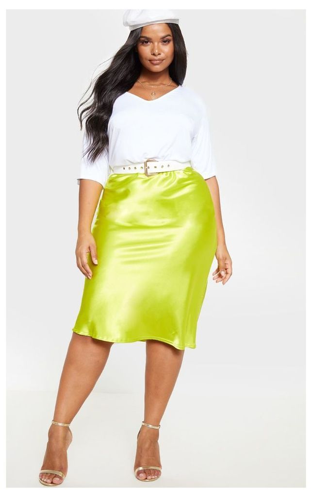 Plus Neon Lime Satin Midi Skirt, Neon Lime
