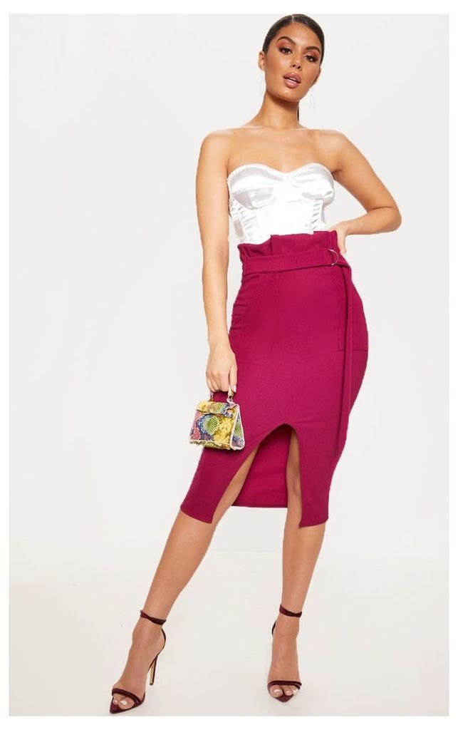 Plum Fine Rib Belted Paperbag Midi Skirt, Purple