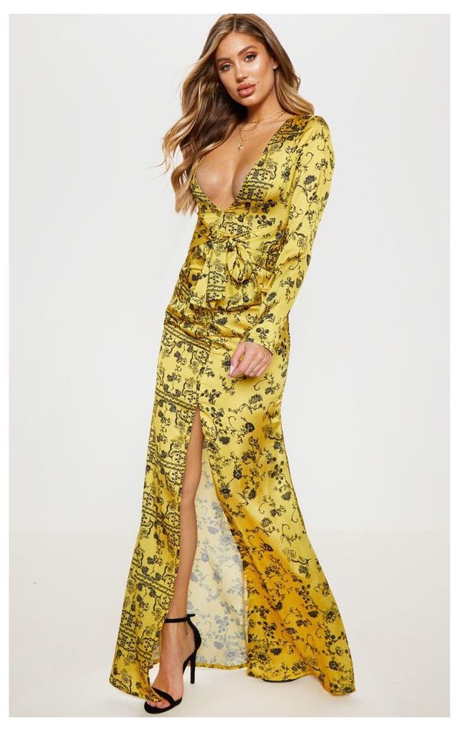 Yellow Printed Long Sleeve Ruffle Side Split Maxi Dress, Yellow