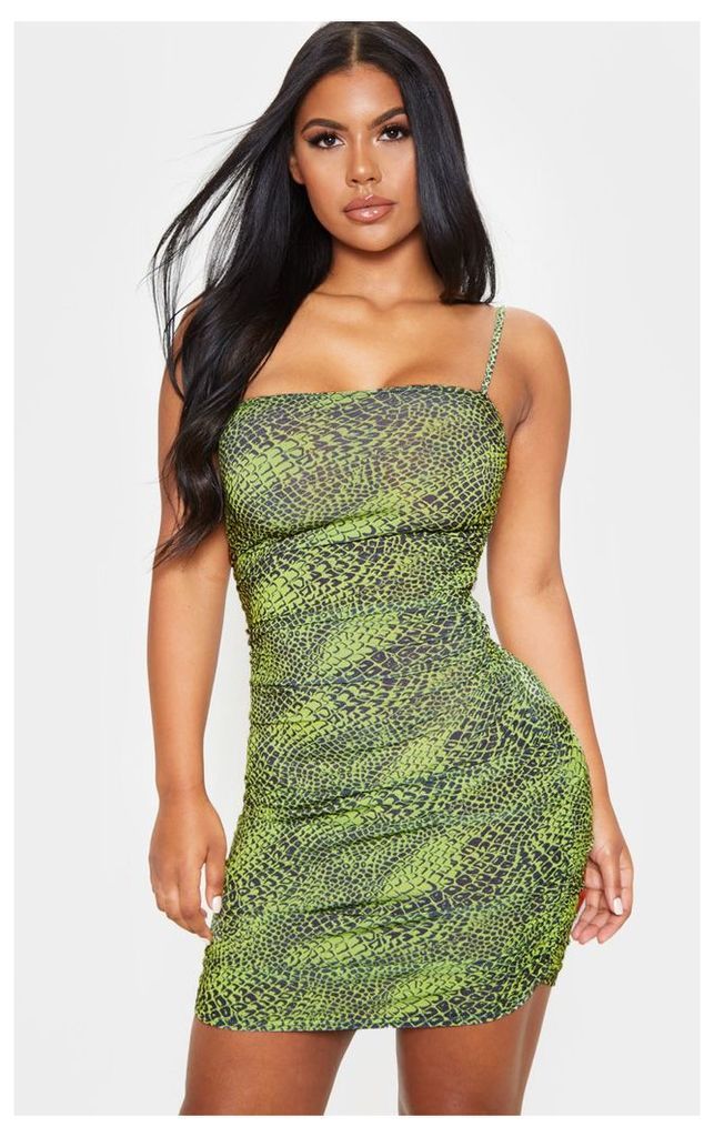Green Lizard Print Strappy Ruched Bodycon Dress, Green