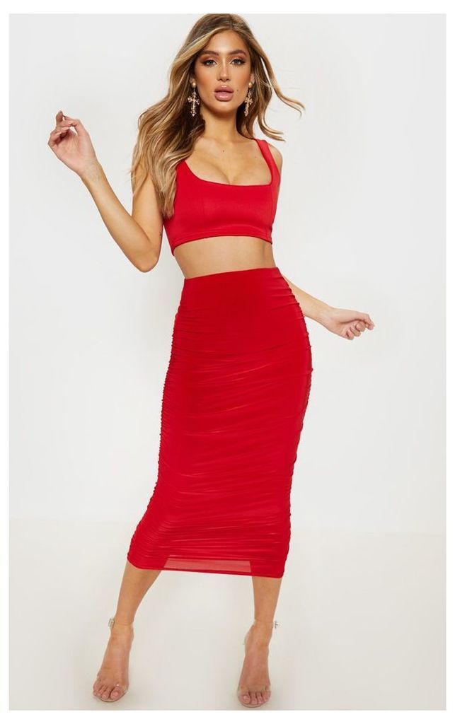 Red Second Skin Slinky Ruched Midi Skirt, Red