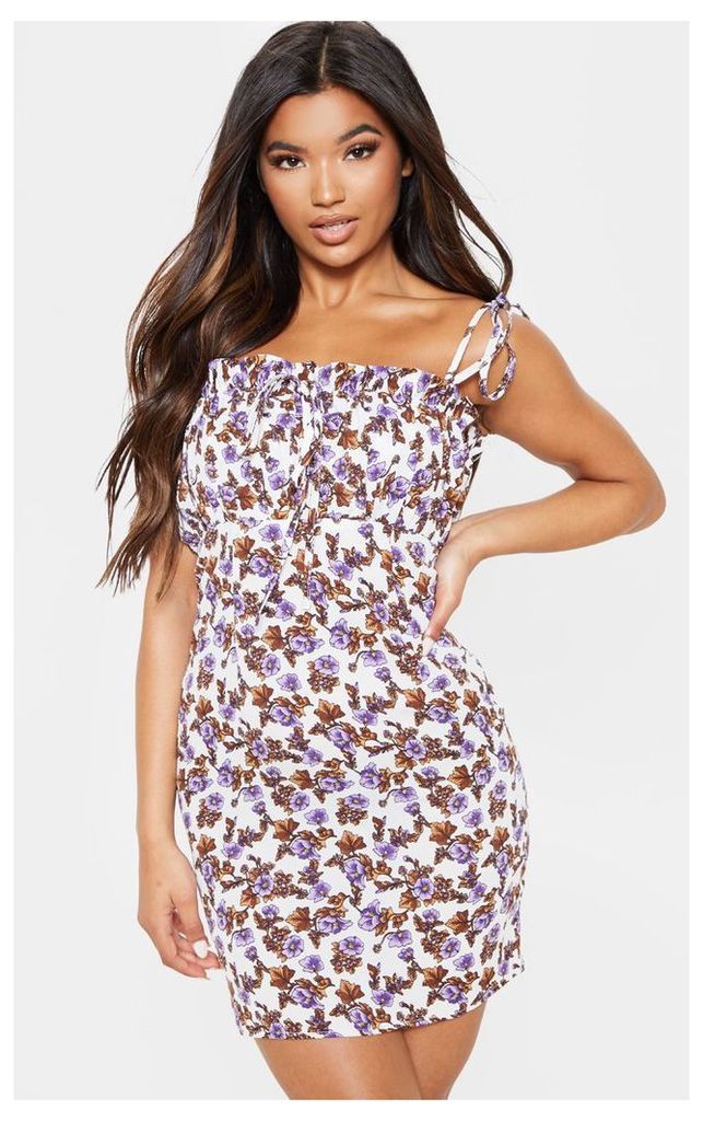 Lilac Floral Printed Ruched Bodice Bodycon Dress, Purple
