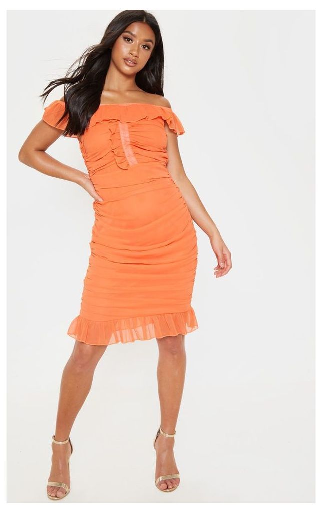 Petite Bright Orange Bardot Ruched Dress, Bright Orange