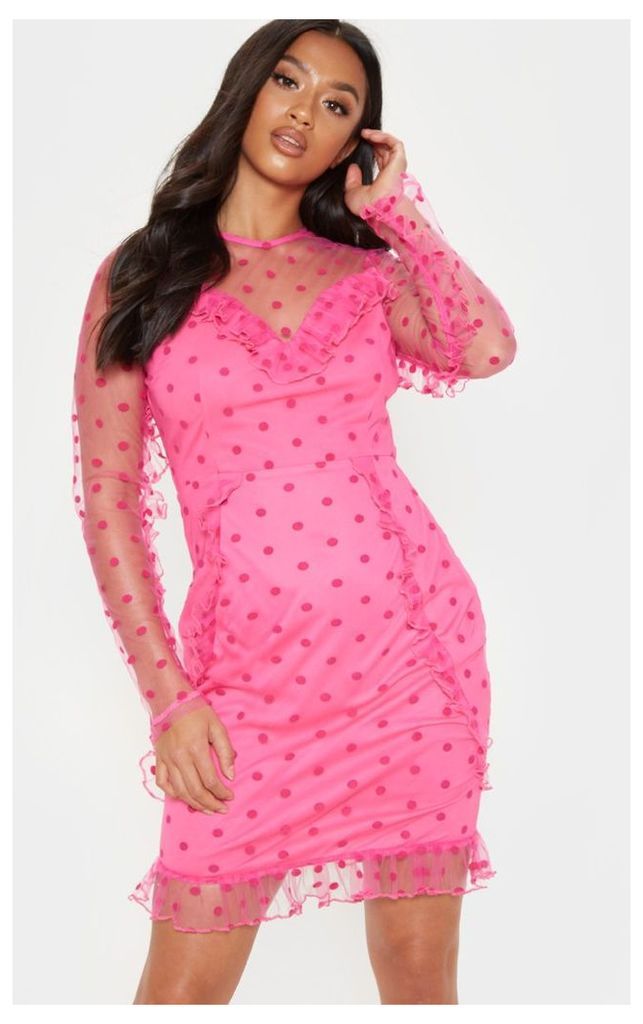 Petite Fuchsia Dobby Mesh Frill Detail Long Sleeve Dress, Pink