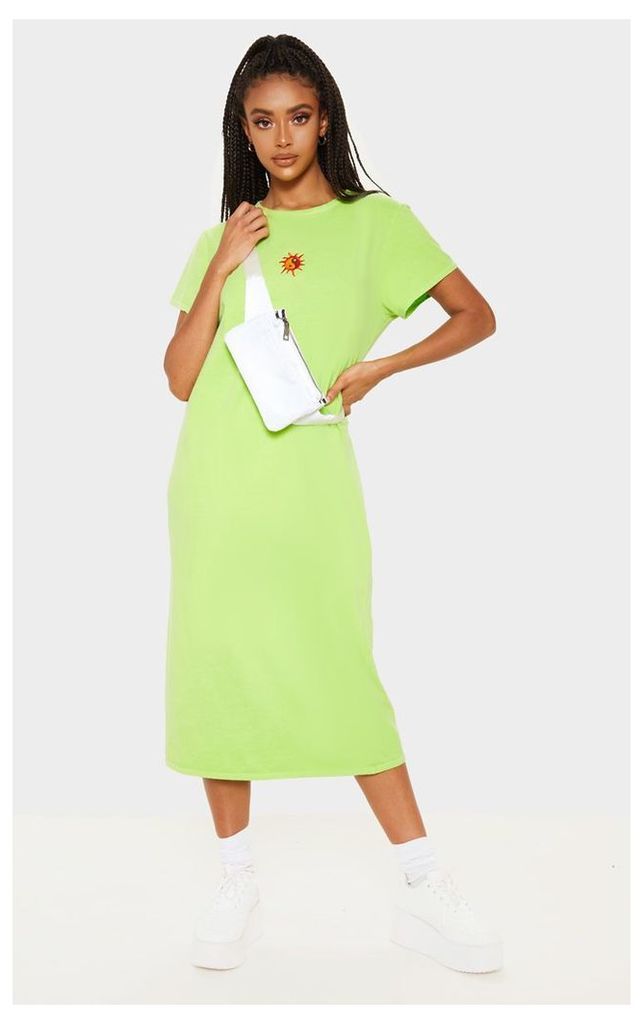 Lime Sun Embroidered Oversized T Shirt Midi Dress, Green
