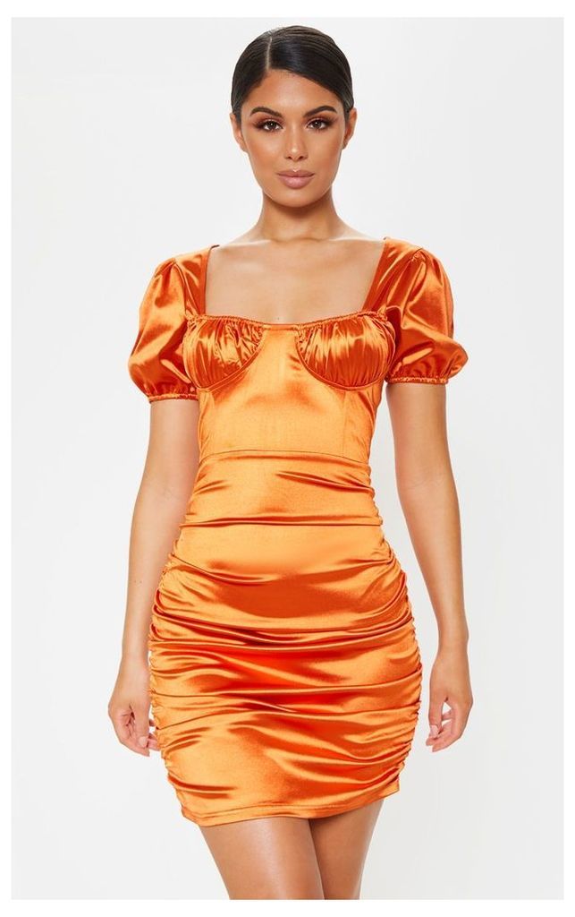 Rust Satin Cup Detail Ruched Bodycon Dress, Orange