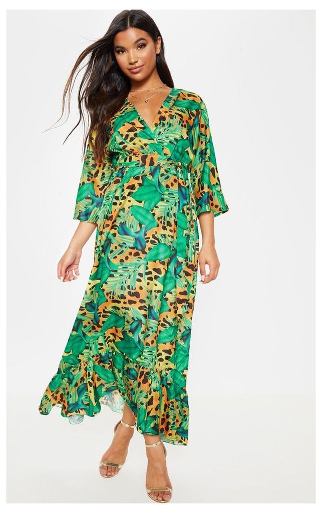 Green Leopard Print Kimono Sleeve Maxi Dress, Green