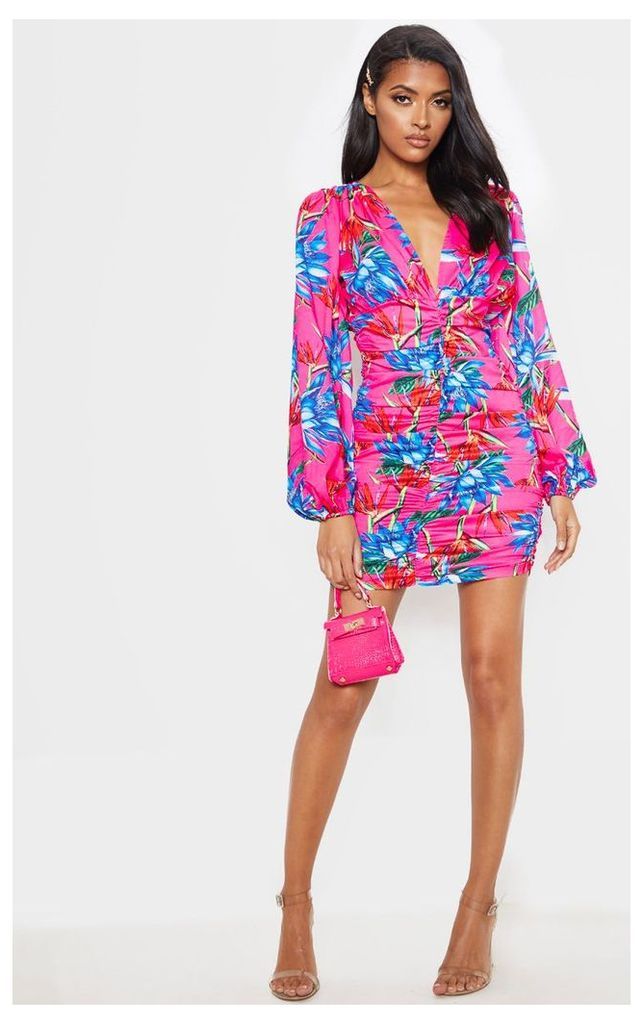 Bright Pink Floral Ruched Balloon Sleeve Bodycon Dress, Bright Pink