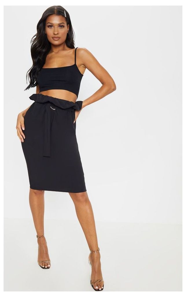 Black Belted Paperbag Waist Midi Skirt, Black