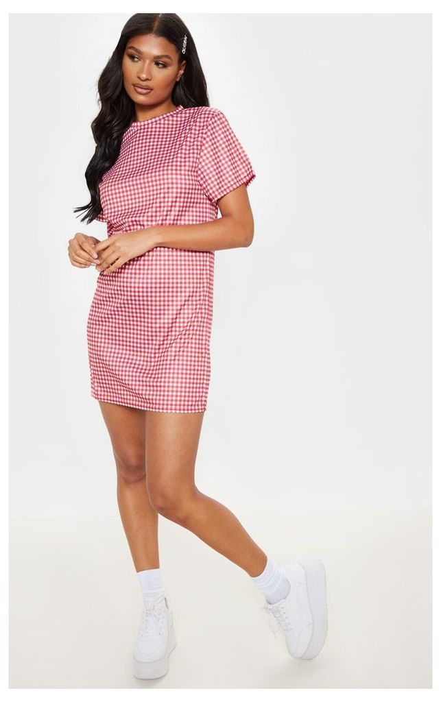 Red Gingham Print T Shirt Dress, Red