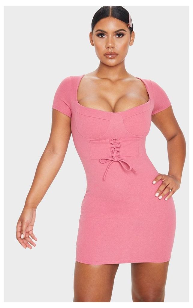 Rose Short Sleeve Cup Detail Lace Up Bodycon Dress, Pink