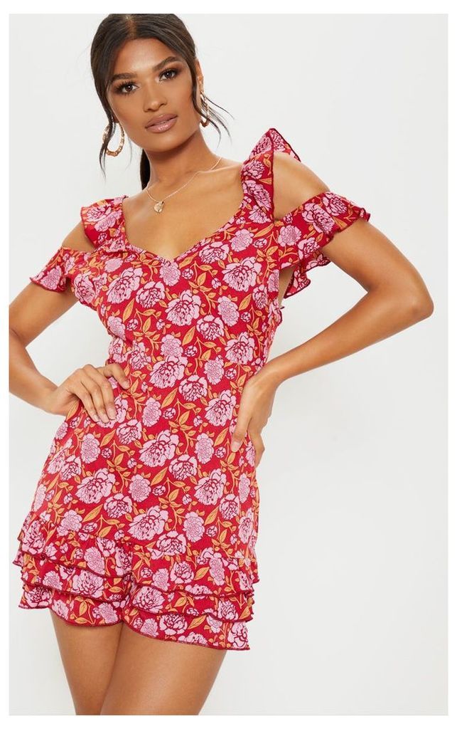 Red Floral Printed Tie Back Shift Dress, Red