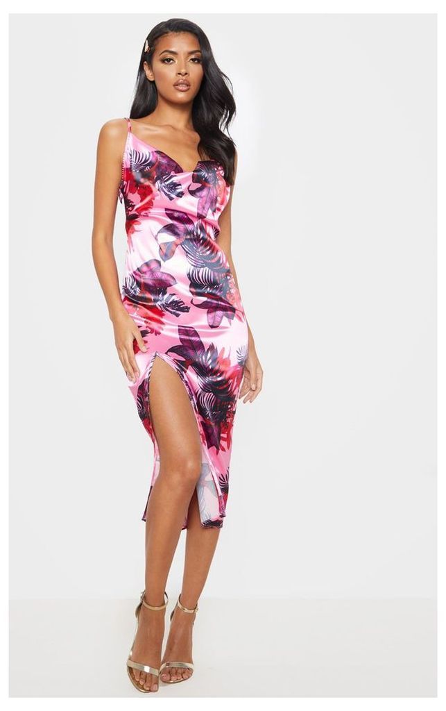 Pink Tropical Print Strappy Satin Cowl Midi Dress, Pink