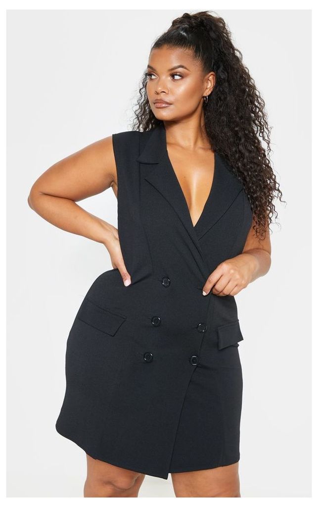 Plus Black Sleeveless Button Detail Blazer Dress, Black