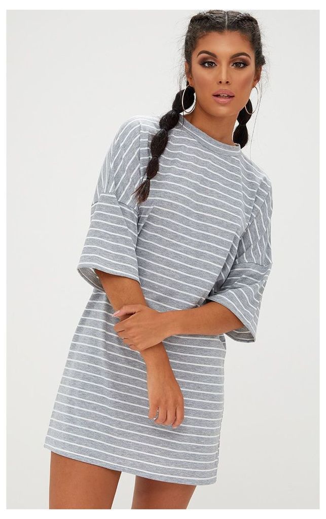 Grey Striped Oversized T Shirt Dress, Grey