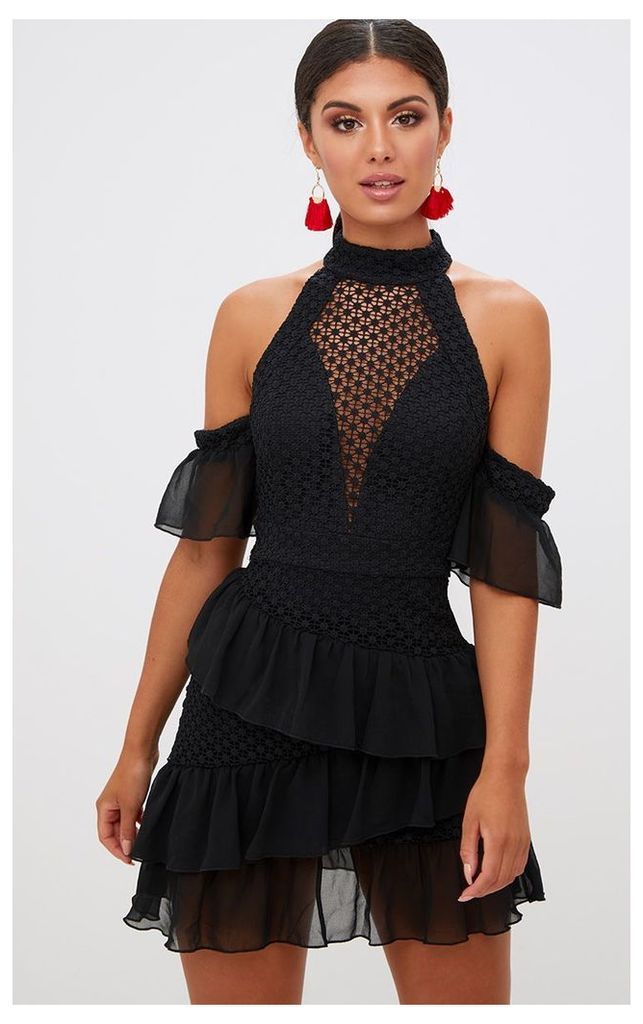 Black Crochet Mesh Frill Detail Bodycon Dress, Black