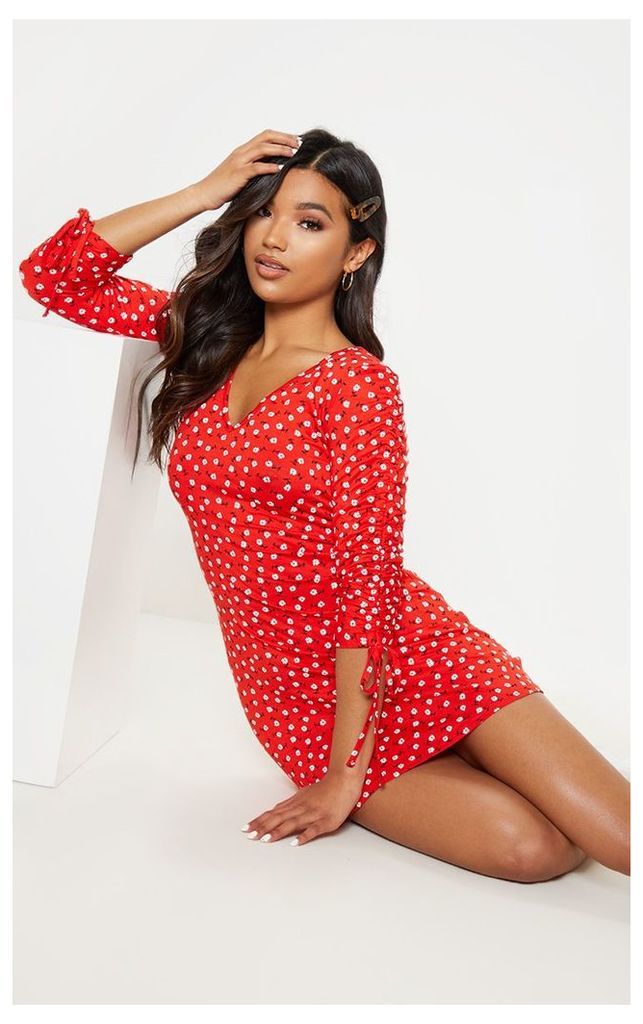 Red Ditsy Floral Ruched Sleeve V Neck Shift Dress, Red