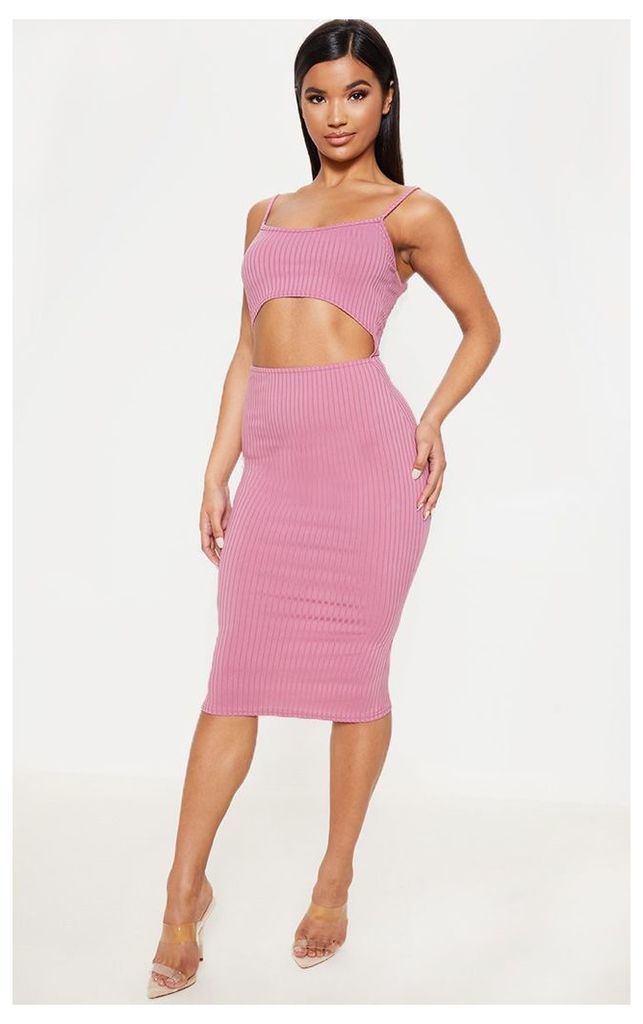 Rose Ribbed Cut Out Strappy Midi Dress, Pink